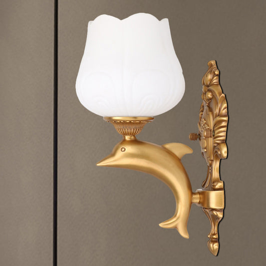 1 Bulb Petal Wall Lighting Fixture Vintage Style White Glass Wall Light with Golden Dolphin Deco Clearhalo 'Wall Lamps & Sconces' 'Wall Lights' Lighting' 275351