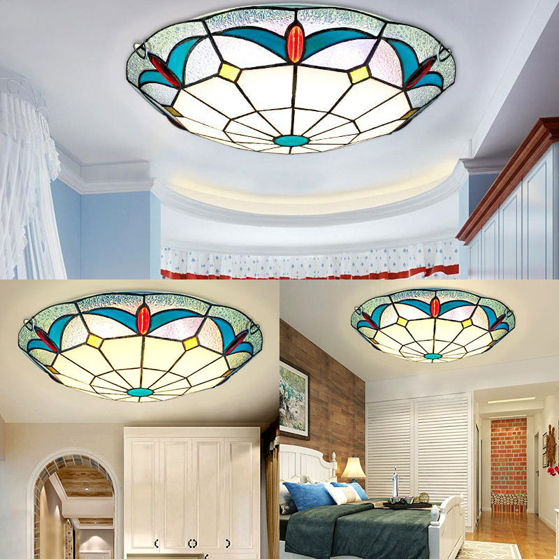 Stained Glass Bowl Flush Mount Light 12"/16" Width Nautical Indoor Ceiling Light in White for Living Room Clearhalo 'Ceiling Lights' 'Close To Ceiling Lights' 'Close to ceiling' 'Flush mount' Lighting' 27536