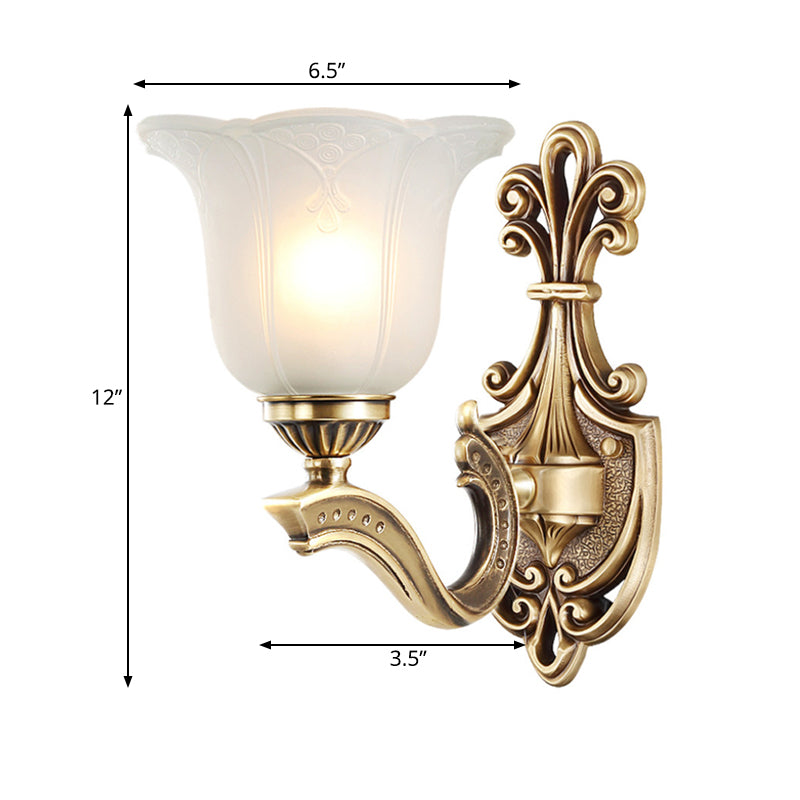 Metallic Brass Wall Mount Lamp Carved 1/2-Light Classic Stylish Wall Light Fixture with Opal Glass Petal Shade Clearhalo 'Wall Lamps & Sconces' 'Wall Lights' Lighting' 275386