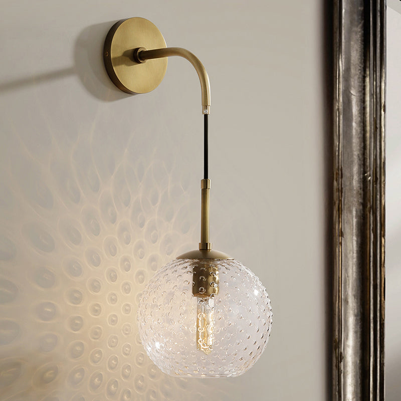 Pink/Yellow/Blue Glass Globe Wall Mounted Lamp Retro 1 Bulb Armed Sconce Light in Brass Finish Clearhalo 'Cast Iron' 'Glass' 'Industrial' 'Modern wall lights' 'Modern' 'Tiffany' 'Traditional wall lights' 'Wall Lamps & Sconces' 'Wall Lights' Lighting' 275394