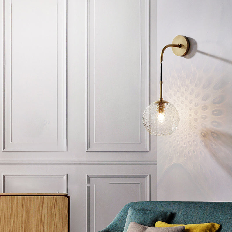 Pink/Yellow/Blue Glass Globe Wall Mounted Lamp Retro 1 Bulb Armed Sconce Light in Brass Finish Clearhalo 'Cast Iron' 'Glass' 'Industrial' 'Modern wall lights' 'Modern' 'Tiffany' 'Traditional wall lights' 'Wall Lamps & Sconces' 'Wall Lights' Lighting' 275395