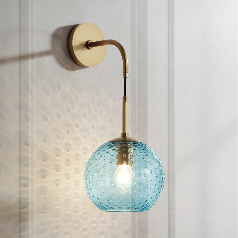 Pink/Yellow/Blue Glass Globe Wall Mounted Lamp Retro 1 Bulb Armed Sconce Light in Brass Finish Blue Clearhalo 'Cast Iron' 'Glass' 'Industrial' 'Modern wall lights' 'Modern' 'Tiffany' 'Traditional wall lights' 'Wall Lamps & Sconces' 'Wall Lights' Lighting' 275398