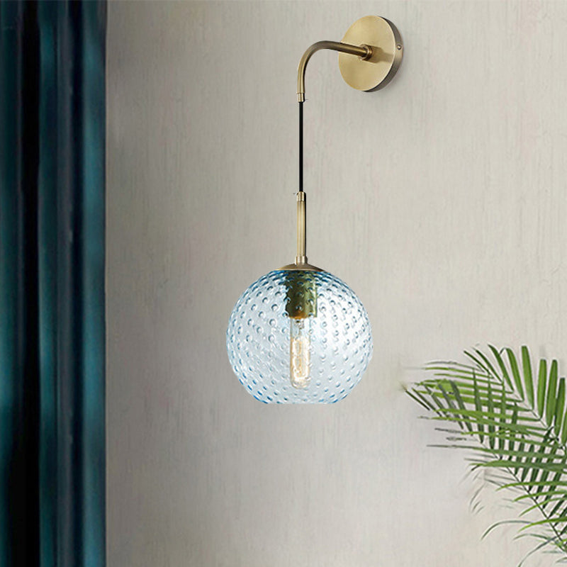 Pink/Yellow/Blue Glass Globe Wall Mounted Lamp Retro 1 Bulb Armed Sconce Light in Brass Finish Clearhalo 'Cast Iron' 'Glass' 'Industrial' 'Modern wall lights' 'Modern' 'Tiffany' 'Traditional wall lights' 'Wall Lamps & Sconces' 'Wall Lights' Lighting' 275399