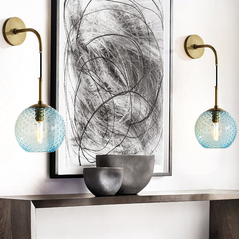 Pink/Yellow/Blue Glass Globe Wall Mounted Lamp Retro 1 Bulb Armed Sconce Light in Brass Finish Clearhalo 'Cast Iron' 'Glass' 'Industrial' 'Modern wall lights' 'Modern' 'Tiffany' 'Traditional wall lights' 'Wall Lamps & Sconces' 'Wall Lights' Lighting' 275400