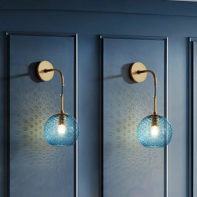 Pink/Yellow/Blue Glass Globe Wall Mounted Lamp Retro 1 Bulb Armed Sconce Light in Brass Finish Clearhalo 'Cast Iron' 'Glass' 'Industrial' 'Modern wall lights' 'Modern' 'Tiffany' 'Traditional wall lights' 'Wall Lamps & Sconces' 'Wall Lights' Lighting' 275401