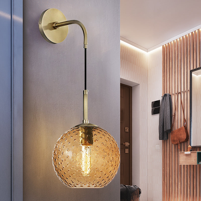 Pink/Yellow/Blue Glass Globe Wall Mounted Lamp Retro 1 Bulb Armed Sconce Light in Brass Finish Clearhalo 'Cast Iron' 'Glass' 'Industrial' 'Modern wall lights' 'Modern' 'Tiffany' 'Traditional wall lights' 'Wall Lamps & Sconces' 'Wall Lights' Lighting' 275405