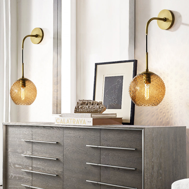 Pink/Yellow/Blue Glass Globe Wall Mounted Lamp Retro 1 Bulb Armed Sconce Light in Brass Finish Clearhalo 'Cast Iron' 'Glass' 'Industrial' 'Modern wall lights' 'Modern' 'Tiffany' 'Traditional wall lights' 'Wall Lamps & Sconces' 'Wall Lights' Lighting' 275406