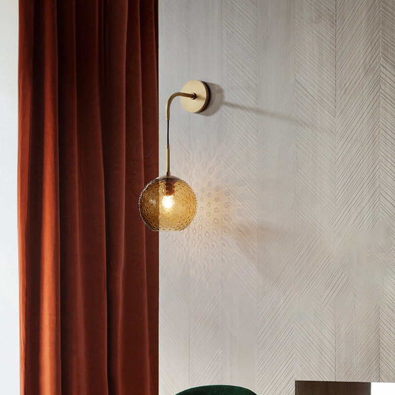 Pink/Yellow/Blue Glass Globe Wall Mounted Lamp Retro 1 Bulb Armed Sconce Light in Brass Finish Clearhalo 'Cast Iron' 'Glass' 'Industrial' 'Modern wall lights' 'Modern' 'Tiffany' 'Traditional wall lights' 'Wall Lamps & Sconces' 'Wall Lights' Lighting' 275407