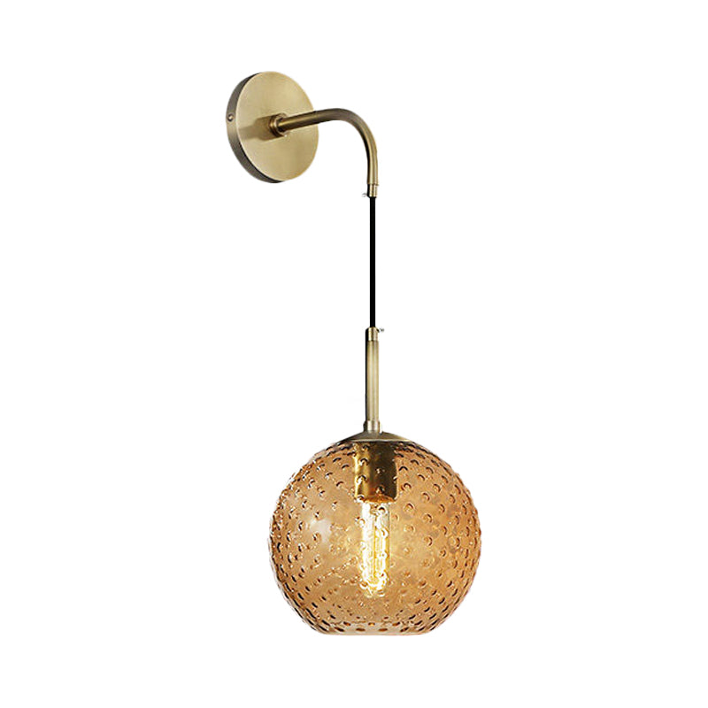 Pink/Yellow/Blue Glass Globe Wall Mounted Lamp Retro 1 Bulb Armed Sconce Light in Brass Finish Clearhalo 'Cast Iron' 'Glass' 'Industrial' 'Modern wall lights' 'Modern' 'Tiffany' 'Traditional wall lights' 'Wall Lamps & Sconces' 'Wall Lights' Lighting' 275408