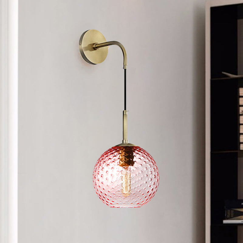Pink/Yellow/Blue Glass Globe Wall Mounted Lamp Retro 1 Bulb Armed Sconce Light in Brass Finish Clearhalo 'Cast Iron' 'Glass' 'Industrial' 'Modern wall lights' 'Modern' 'Tiffany' 'Traditional wall lights' 'Wall Lamps & Sconces' 'Wall Lights' Lighting' 275412