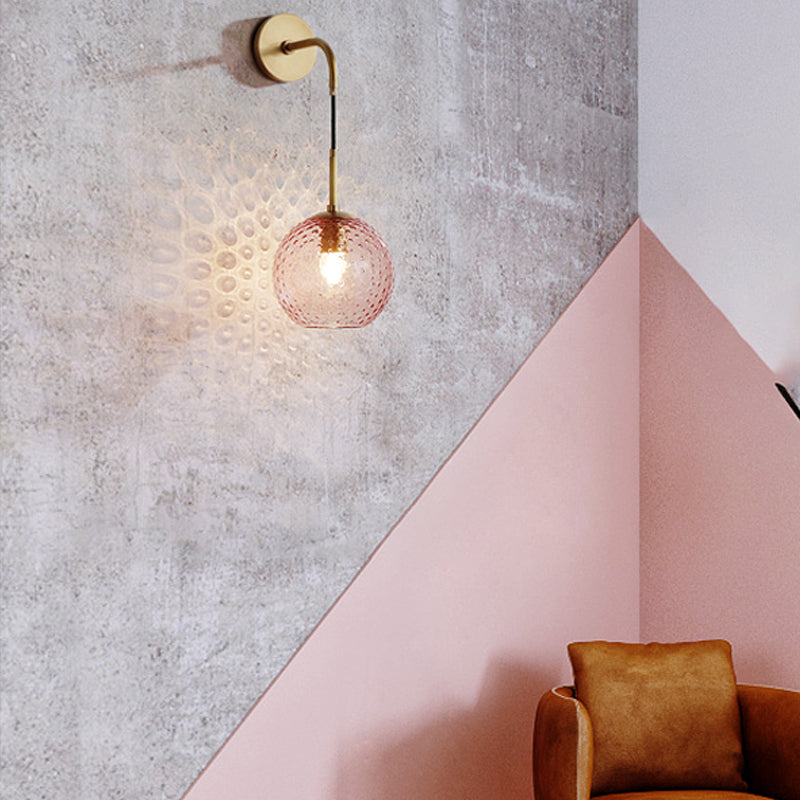 Pink/Yellow/Blue Glass Globe Wall Mounted Lamp Retro 1 Bulb Armed Sconce Light in Brass Finish Clearhalo 'Cast Iron' 'Glass' 'Industrial' 'Modern wall lights' 'Modern' 'Tiffany' 'Traditional wall lights' 'Wall Lamps & Sconces' 'Wall Lights' Lighting' 275413