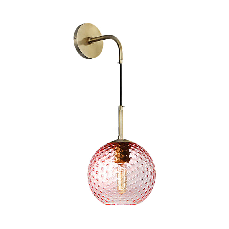 Pink/Yellow/Blue Glass Globe Wall Mounted Lamp Retro 1 Bulb Armed Sconce Light in Brass Finish Clearhalo 'Cast Iron' 'Glass' 'Industrial' 'Modern wall lights' 'Modern' 'Tiffany' 'Traditional wall lights' 'Wall Lamps & Sconces' 'Wall Lights' Lighting' 275414