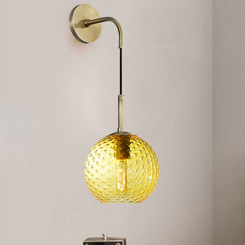 Pink/Yellow/Blue Glass Globe Wall Mounted Lamp Retro 1 Bulb Armed Sconce Light in Brass Finish Clearhalo 'Cast Iron' 'Glass' 'Industrial' 'Modern wall lights' 'Modern' 'Tiffany' 'Traditional wall lights' 'Wall Lamps & Sconces' 'Wall Lights' Lighting' 275417