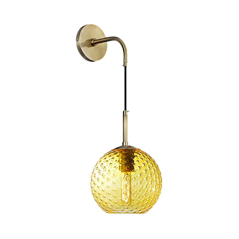 Pink/Yellow/Blue Glass Globe Wall Mounted Lamp Retro 1 Bulb Armed Sconce Light in Brass Finish Clearhalo 'Cast Iron' 'Glass' 'Industrial' 'Modern wall lights' 'Modern' 'Tiffany' 'Traditional wall lights' 'Wall Lamps & Sconces' 'Wall Lights' Lighting' 275419