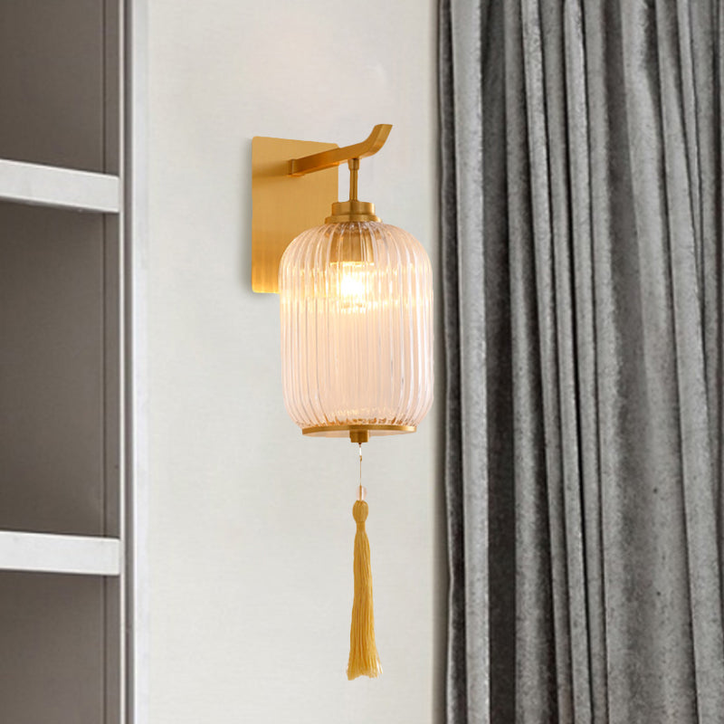 Prismatic Glass Lantern Wall Lamp Chinese Style 1-Light Brass Sconce Light Fixture with Tassel Knot Brass Clearhalo 'Cast Iron' 'Glass' 'Industrial' 'Modern wall lights' 'Modern' 'Tiffany' 'Traditional wall lights' 'Wall Lamps & Sconces' 'Wall Lights' Lighting' 275450