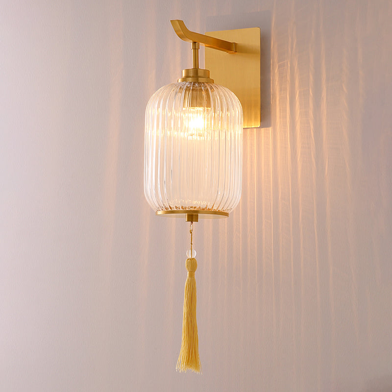 Prismatic Glass Lantern Wall Lamp Chinese Style 1-Light Brass Sconce Light Fixture with Tassel Knot Clearhalo 'Cast Iron' 'Glass' 'Industrial' 'Modern wall lights' 'Modern' 'Tiffany' 'Traditional wall lights' 'Wall Lamps & Sconces' 'Wall Lights' Lighting' 275451