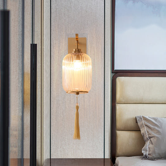 Prismatic Glass Lantern Wall Lamp Chinese Style 1-Light Brass Sconce Light Fixture with Tassel Knot Clearhalo 'Cast Iron' 'Glass' 'Industrial' 'Modern wall lights' 'Modern' 'Tiffany' 'Traditional wall lights' 'Wall Lamps & Sconces' 'Wall Lights' Lighting' 275452