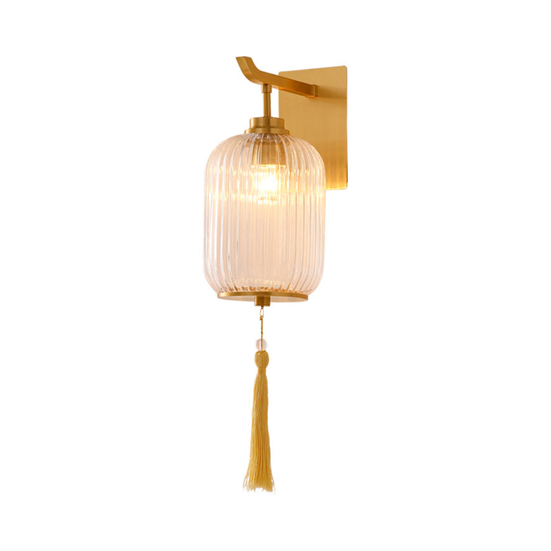 Prismatic Glass Lantern Wall Lamp Chinese Style 1-Light Brass Sconce Light Fixture with Tassel Knot Clearhalo 'Cast Iron' 'Glass' 'Industrial' 'Modern wall lights' 'Modern' 'Tiffany' 'Traditional wall lights' 'Wall Lamps & Sconces' 'Wall Lights' Lighting' 275453