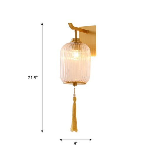 Prismatic Glass Lantern Wall Lamp Chinese Style 1-Light Brass Sconce Light Fixture with Tassel Knot Clearhalo 'Cast Iron' 'Glass' 'Industrial' 'Modern wall lights' 'Modern' 'Tiffany' 'Traditional wall lights' 'Wall Lamps & Sconces' 'Wall Lights' Lighting' 275454