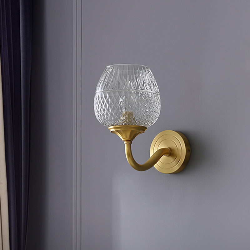 Lattice Brandy Glass Wall Sconce Contemporary Single Brass Wall Mounted Lamp with Curved Arm - Brass - Clearhalo - 'Cast Iron' - 'Glass' - 'Industrial' - 'Modern wall lights' - 'Modern' - 'Tiffany' - 'Traditional wall lights' - 'Wall Lamps & Sconces' - 'Wall Lights' - Lighting' - 275473