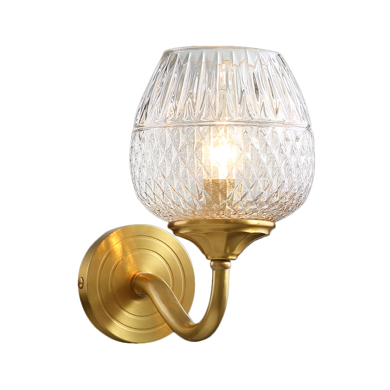 Lattice Brandy Glass Wall Sconce Contemporary Single Brass Wall Mounted Lamp with Curved Arm - Clearhalo - 'Cast Iron' - 'Glass' - 'Industrial' - 'Modern wall lights' - 'Modern' - 'Tiffany' - 'Traditional wall lights' - 'Wall Lamps & Sconces' - 'Wall Lights' - Lighting' - 275476
