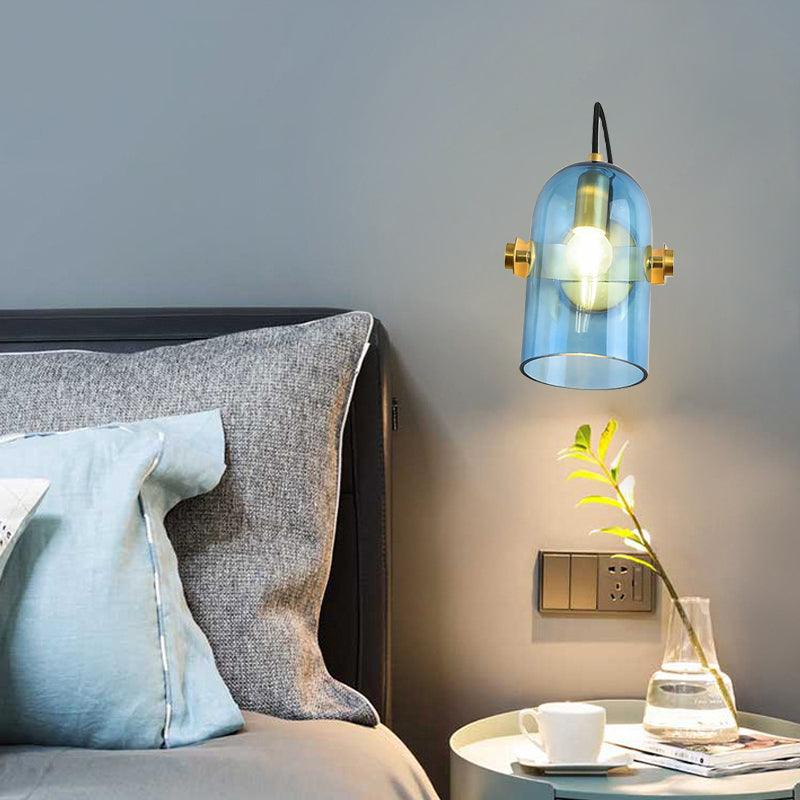 Retro Style Cloche Sconce Light 1 Bulb Amber/Blue/Smoke Gray Glass Bedroom Wall Mounted Lamp Kit in Brass Finish Clearhalo 'Cast Iron' 'Glass' 'Industrial' 'Modern wall lights' 'Modern' 'Tiffany' 'Traditional wall lights' 'Wall Lamps & Sconces' 'Wall Lights' Lighting' 275575