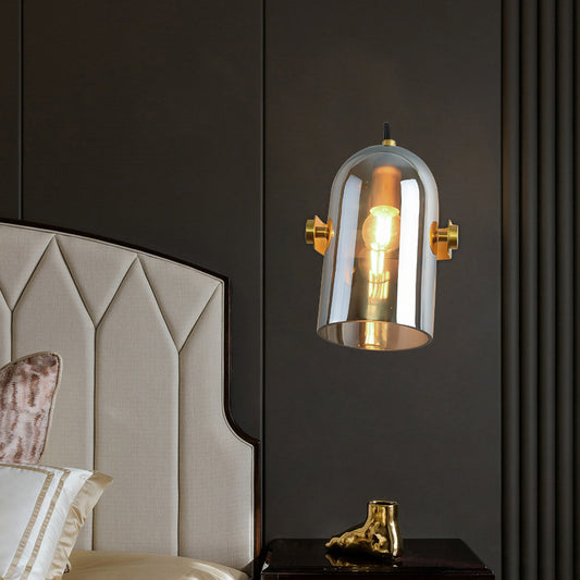 Retro Style Cloche Sconce Light 1 Bulb Amber/Blue/Smoke Gray Glass Bedroom Wall Mounted Lamp Kit in Brass Finish Clearhalo 'Cast Iron' 'Glass' 'Industrial' 'Modern wall lights' 'Modern' 'Tiffany' 'Traditional wall lights' 'Wall Lamps & Sconces' 'Wall Lights' Lighting' 275581