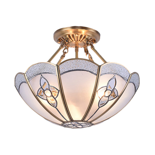 Scalloped Bedroom Semi Flush Mount Antique Metal 4 Bulbs Brass Ceiling Lighting with Curved Frosted Glass Shade Clearhalo 'Ceiling Lights' 'Close To Ceiling Lights' 'Close to ceiling' 'Semi-flushmount' Lighting' 275681