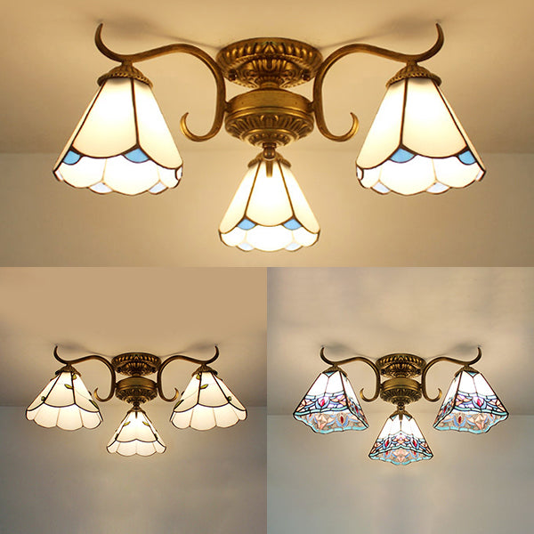 Stained Glass Indoor Ceiling Light with Leaf/Flower/Diamond Pattern and Curved Arm 3 Lights Semi Flushmount in White Clearhalo 'Ceiling Lights' 'Close To Ceiling Lights' 'Close to ceiling' 'Glass shade' 'Glass' 'Semi-flushmount' 'Tiffany close to ceiling' 'Tiffany' Lighting' 27570