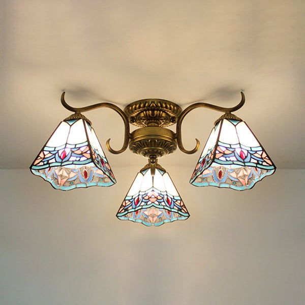 Stained Glass Indoor Ceiling Light with Leaf/Flower/Diamond Pattern and Curved Arm 3 Lights Semi Flushmount in White White Flower Clearhalo 'Ceiling Lights' 'Close To Ceiling Lights' 'Close to ceiling' 'Glass shade' 'Glass' 'Semi-flushmount' 'Tiffany close to ceiling' 'Tiffany' Lighting' 27572