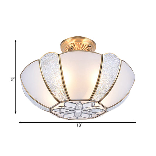 Gold Dome Ceiling Lighting Classic Metal 3 Lights Living Room Semi Flush Mount with White Beveled Glass Shade Clearhalo 'Ceiling Lights' 'Close To Ceiling Lights' 'Close to ceiling' 'Semi-flushmount' Lighting' 275725