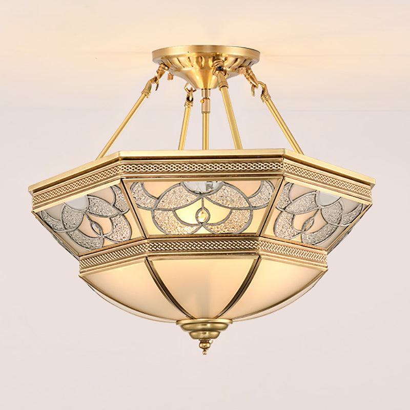 Brass Bowl Semi Flush Mount Vintage Frosted Glass 4 Lights Living Room Semi Flush Lighting Clearhalo 'Ceiling Lights' 'Close To Ceiling Lights' 'Close to ceiling' 'Glass shade' 'Glass' 'Semi-flushmount' Lighting' 275908