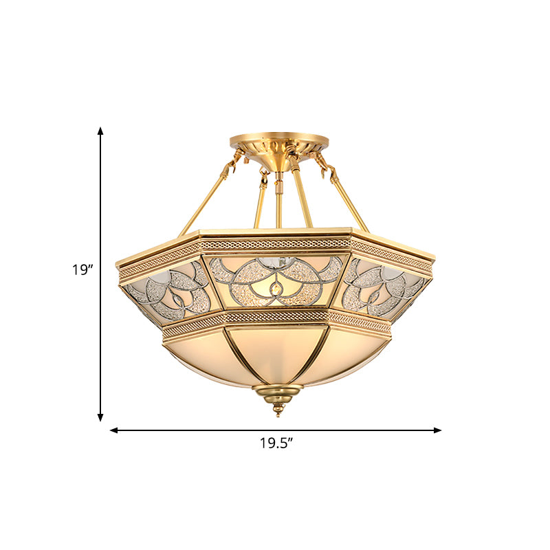 Brass Bowl Semi Flush Mount Vintage Frosted Glass 4 Lights Living Room Semi Flush Lighting Clearhalo 'Ceiling Lights' 'Close To Ceiling Lights' 'Close to ceiling' 'Glass shade' 'Glass' 'Semi-flushmount' Lighting' 275911