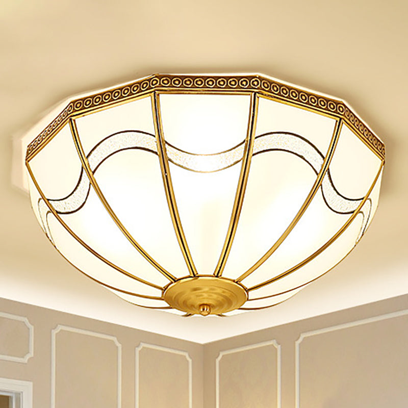 4-Light Milky Glass Flush Ceiling Light Traditional Brass Inverted Bedroom Flush Mount Lamp with Wave Pattern Clearhalo 'Ceiling Lights' 'Close To Ceiling Lights' 'Close to ceiling' 'Flush mount' Lighting' 275965