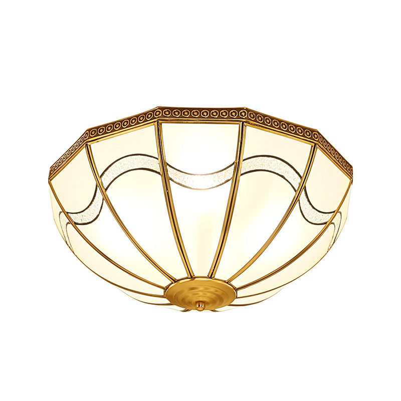 4-Light Milky Glass Flush Ceiling Light Traditional Brass Inverted Bedroom Flush Mount Lamp with Wave Pattern Clearhalo 'Ceiling Lights' 'Close To Ceiling Lights' 'Close to ceiling' 'Flush mount' Lighting' 275967
