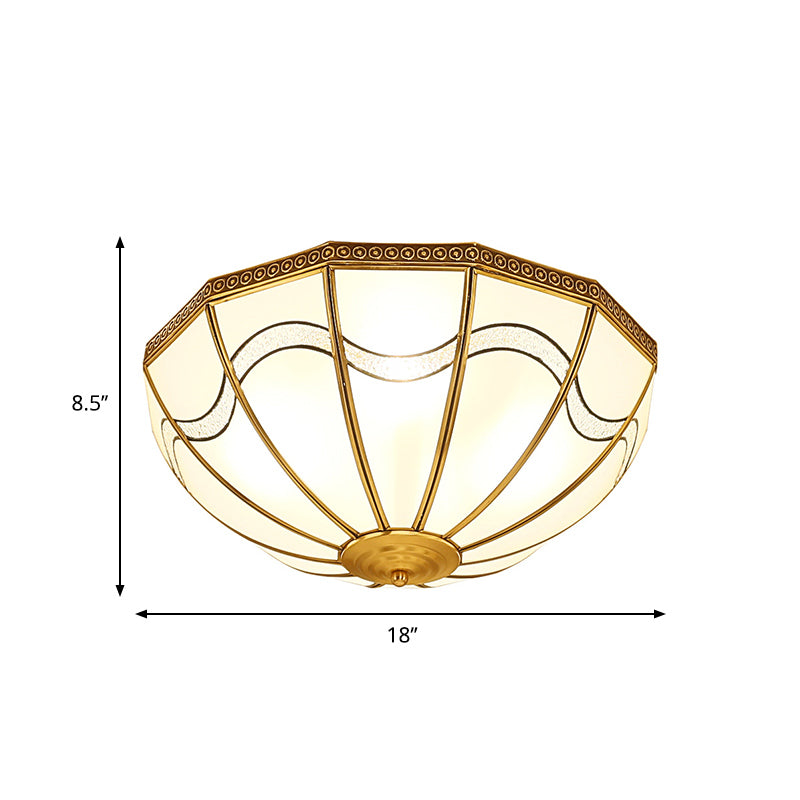 4-Light Milky Glass Flush Ceiling Light Traditional Brass Inverted Bedroom Flush Mount Lamp with Wave Pattern Clearhalo 'Ceiling Lights' 'Close To Ceiling Lights' 'Close to ceiling' 'Flush mount' Lighting' 275968