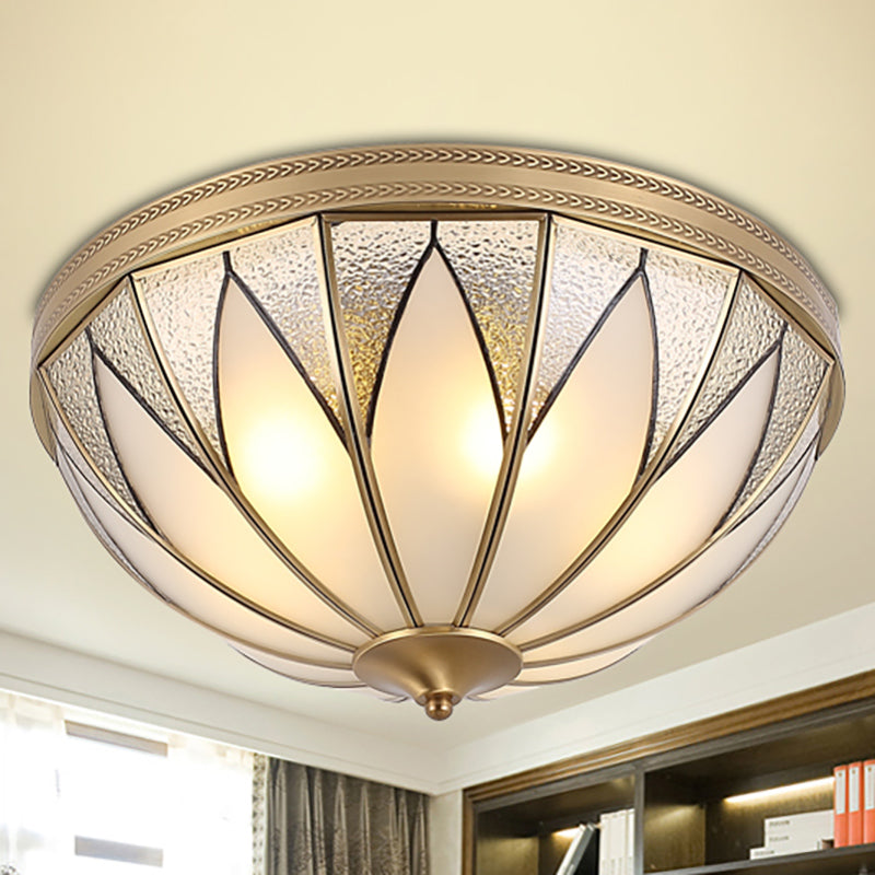 4 Lights Opal Glass Flush Mount Lighting Fixture Traditional Brass Inverted Living Room Close to Ceiling Light Clearhalo 'Ceiling Lights' 'Close To Ceiling Lights' 'Close to ceiling' 'Flush mount' Lighting' 275970