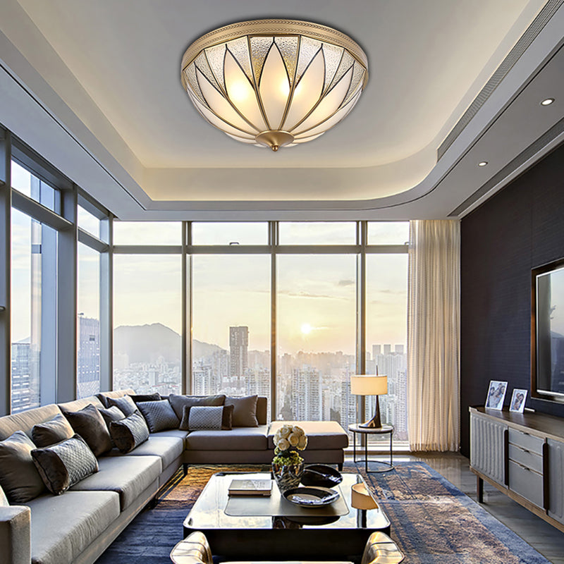 4 Lights Opal Glass Flush Mount Lighting Fixture Traditional Brass Inverted Living Room Close to Ceiling Light Clearhalo 'Ceiling Lights' 'Close To Ceiling Lights' 'Close to ceiling' 'Flush mount' Lighting' 275971