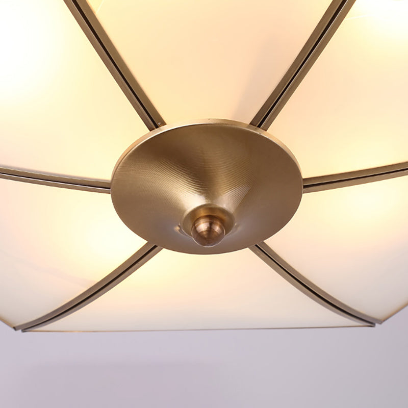 4 Lights Opal Glass Flush Mount Lighting Fixture Traditional Brass Inverted Living Room Close to Ceiling Light Clearhalo 'Ceiling Lights' 'Close To Ceiling Lights' 'Close to ceiling' 'Flush mount' Lighting' 275974