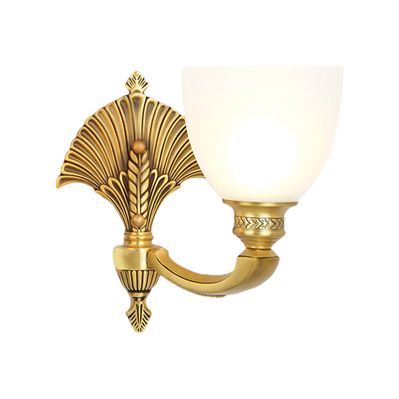 Bowl Shade Bedroom Sconce Lamp Vintage Stylish Frosted Glass 1/2-Head Gold Finish Wall Lighting Clearhalo 'Wall Lamps & Sconces' 'Wall Lights' Lighting' 276044