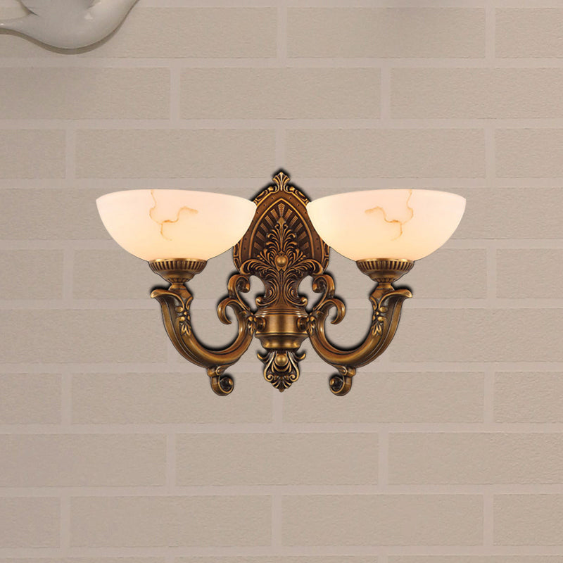 Antique Brass 1/2-Bulb Wall Mount Lighting Colonial Style Frosted Glass Bowl Shade Wall Lamp Clearhalo 'Wall Lamps & Sconces' 'Wall Lights' Lighting' 276076