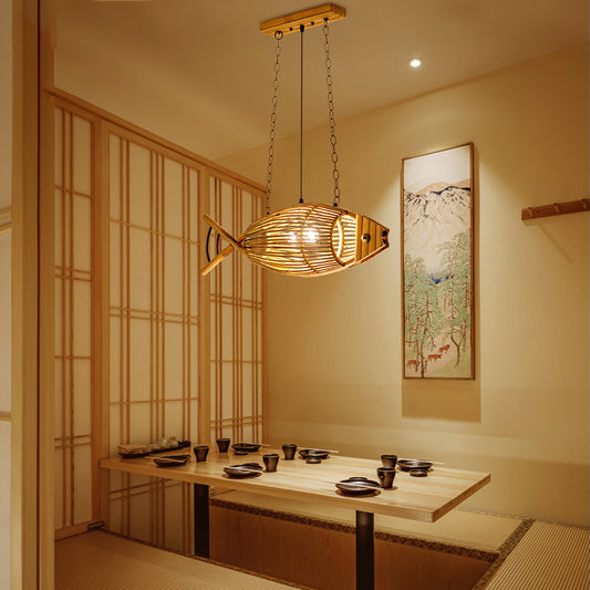 1 Bulb Tearoom Ceiling Light Asian Wood Pendant Light Fixture with Fish Bamboo Shade Clearhalo 'Ceiling Lights' 'Modern Pendants' 'Modern' 'Pendant Lights' 'Pendants' Lighting' 276328