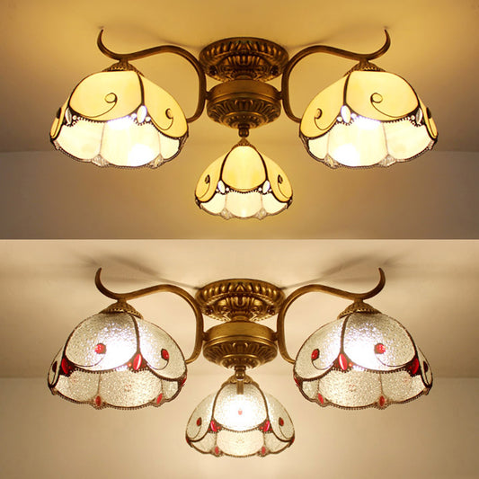 Scalloped Semi Flush Light Tiffany Lodge Style 3 Lights Stained Glass Ceiling Flush Mount in Beige/Clear Clearhalo 'Ceiling Lights' 'Close To Ceiling Lights' 'Close to ceiling' 'Glass shade' 'Glass' 'Semi-flushmount' 'Tiffany close to ceiling' 'Tiffany' Lighting' 27660