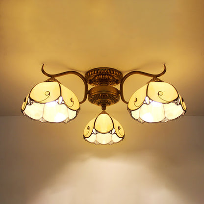 Scalloped Semi Flush Light Tiffany Lodge Style 3 Lights Stained Glass Ceiling Flush Mount in Beige/Clear Beige Clearhalo 'Ceiling Lights' 'Close To Ceiling Lights' 'Close to ceiling' 'Glass shade' 'Glass' 'Semi-flushmount' 'Tiffany close to ceiling' 'Tiffany' Lighting' 27662