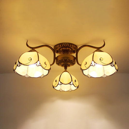 Scalloped Semi Flush Light Tiffany Lodge Style 3 Lights Stained Glass Ceiling Flush Mount in Beige/Clear Beige Clearhalo 'Ceiling Lights' 'Close To Ceiling Lights' 'Close to ceiling' 'Glass shade' 'Glass' 'Semi-flushmount' 'Tiffany close to ceiling' 'Tiffany' Lighting' 27662