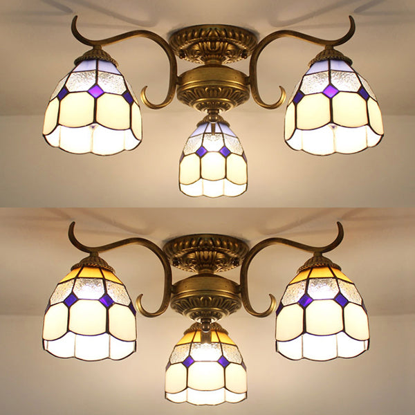 3 Lights Bowl Semi Flushmount Stained Glass Vintage Ceiling Light in Beige/Yellow/Purple/Clear/Blue-Pink/Blue-White/Green-White for Bedroom Clearhalo 'Ceiling Lights' 'Close To Ceiling Lights' 'Close to ceiling' 'Glass shade' 'Glass' 'Semi-flushmount' 'Tiffany close to ceiling' 'Tiffany' Lighting' 27669