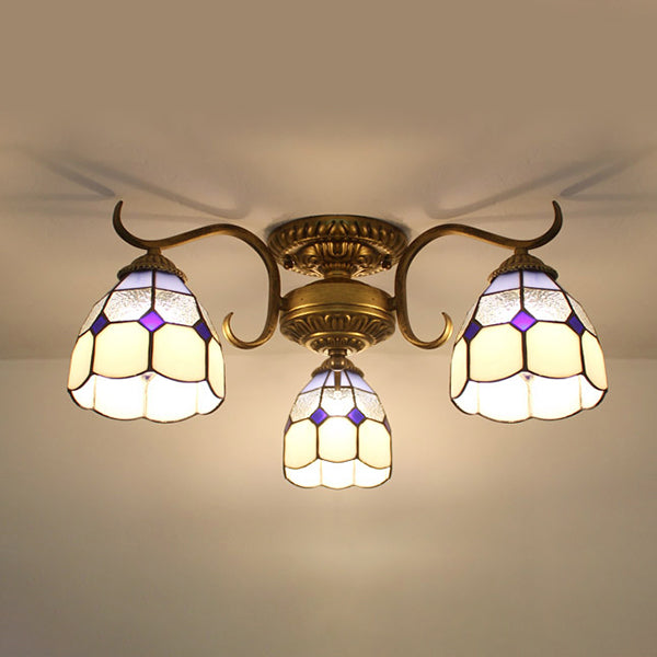 3 Lights Bowl Semi Flushmount Stained Glass Vintage Ceiling Light in Beige/Yellow/Purple/Clear/Blue-Pink/Blue-White/Green-White for Bedroom Purple Clearhalo 'Ceiling Lights' 'Close To Ceiling Lights' 'Close to ceiling' 'Glass shade' 'Glass' 'Semi-flushmount' 'Tiffany close to ceiling' 'Tiffany' Lighting' 27670