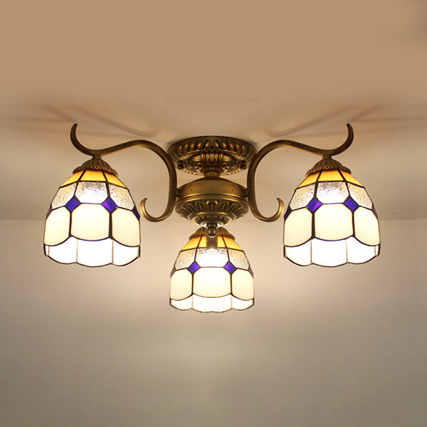 3 Lights Bowl Semi Flushmount Stained Glass Vintage Ceiling Light in Beige/Yellow/Purple/Clear/Blue-Pink/Blue-White/Green-White for Bedroom Yellow Clearhalo 'Ceiling Lights' 'Close To Ceiling Lights' 'Close to ceiling' 'Glass shade' 'Glass' 'Semi-flushmount' 'Tiffany close to ceiling' 'Tiffany' Lighting' 27671