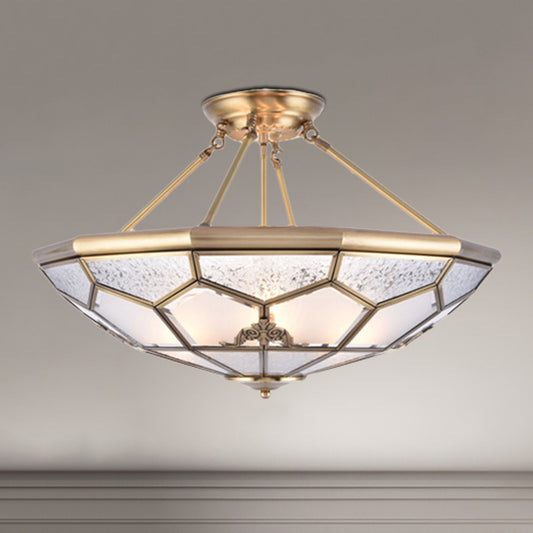 Gold 14“/16”/18“ Wide 3/4/6 Lights Semi Flush Mount Traditional Frosted Glass Faceted Semi Flush Light for Corridor Clearhalo 'Ceiling Lights' 'Close To Ceiling Lights' 'Close to ceiling' 'Glass shade' 'Glass' 'Semi-flushmount' Lighting' 276727