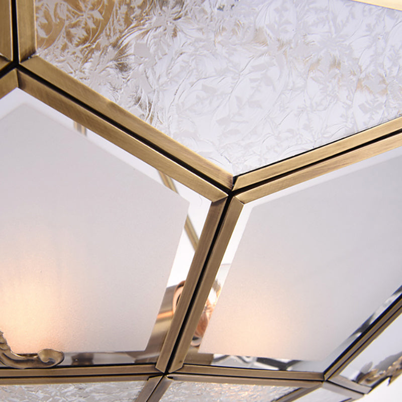 Gold 14“/16”/18“ Wide 3/4/6 Lights Semi Flush Mount Traditional Frosted Glass Faceted Semi Flush Light for Corridor Clearhalo 'Ceiling Lights' 'Close To Ceiling Lights' 'Close to ceiling' 'Glass shade' 'Glass' 'Semi-flushmount' Lighting' 276731